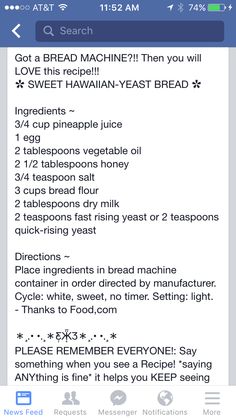 an iphone screen showing the instructions for bread machine yeast bread recipe on it's left side