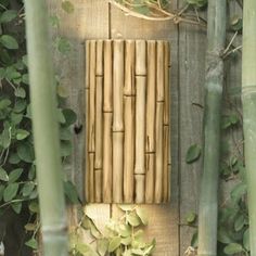 a bamboo fence with green plants growing on it