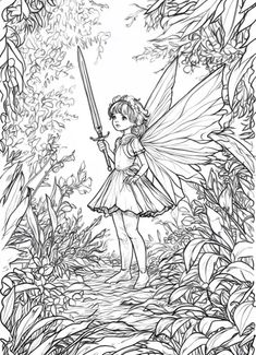 ↑↑↑ Larger size on website 🔸 A line drawing of a young fairy with large wings and a sword in her hand, standing in a forest. She Fairy Forest Drawing, A Line Drawing, Forest Drawing, Flowing Dress, Detailed Illustration, Forest Fairy, Line Drawing