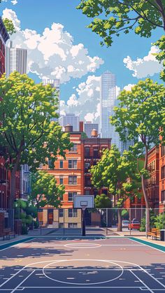 a painting of a basketball court in the middle of a city with tall buildings and trees