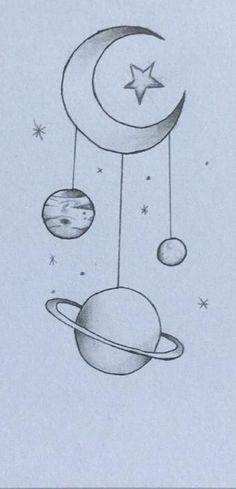 a drawing of the moon and planets with stars in the sky above it, as if they were drawn on paper