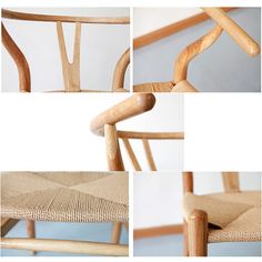 four different views of the back and side of a chair with woven seat padding