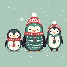 three penguins wearing christmas sweaters and hats