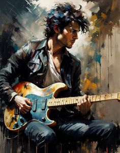 a painting of a man playing an electric guitar