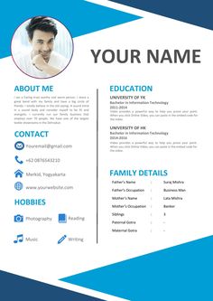 a blue and white resume template with an image of a man on the front page