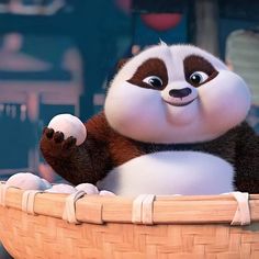 a cartoon panda sitting in a basket with his paws on the handle and eyes wide open