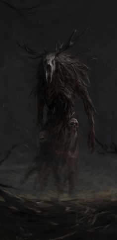 a demon with long hair standing in the dark