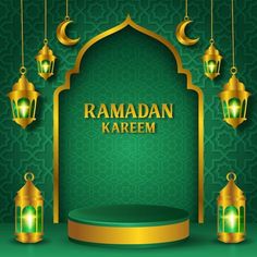 rama kareem with hanging lanterns and crescents on green wallpaper background illustration