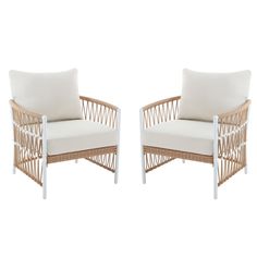 two white wicker chairs sitting next to each other on top of a white floor