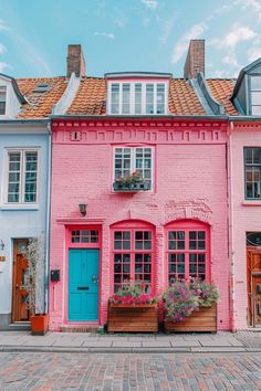 two pink buildings with blue doors and windows on the side of each building in front of them