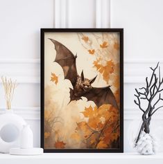 a painting of a bat hanging on a wall