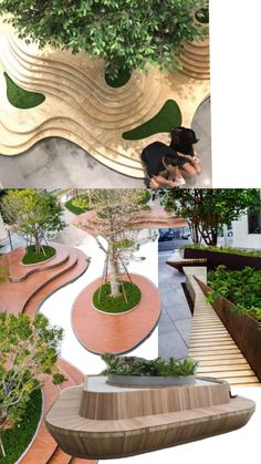 three different views of a park with benches, trees and plants in the middle one has a bench that is made out of wood