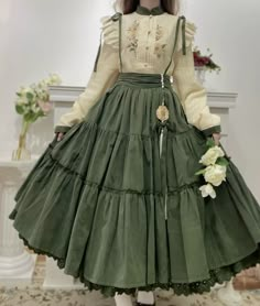 Light Cottagecore Aesthetic Outfits, Victorian Outfit Aesthetic, Old Timey Outfits, Green And Beige Outfit, Old Timey Dresses, Florist Outfit, Vintage Dresses Aesthetic, Old Fashioned Outfits, Old Fashion Shoes