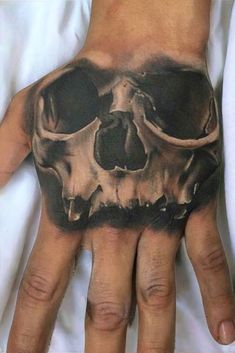 a man's hand with a skull tattooed on it