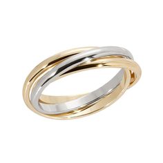 two tone gold and silver wedding ring with an interlocked design on the band