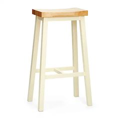 a white stool with a wooden seat on a white background and no people around it