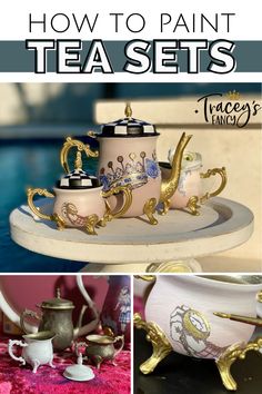 how to paint tea sets with gold and white designs on them, including the top one in