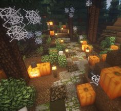 an image of a minecraft forest with lots of trees and lights in the woods