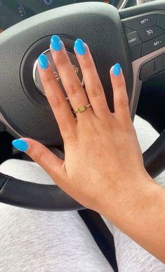 Poolside Blue Nails, Mexico Nails Designs, Short Almond Shape Nails, Plain Summer Nails, Bright Blue Nails, Short Almond Shape, Acrylic Nails Almond Shape, Summer Nails Almond, Nail Short