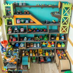 a room filled with lots of toy cars and shelves full of legos on top of each shelf