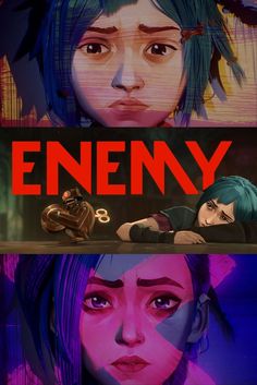 the poster for enemy, which features two women with blue hair and one man with green hair