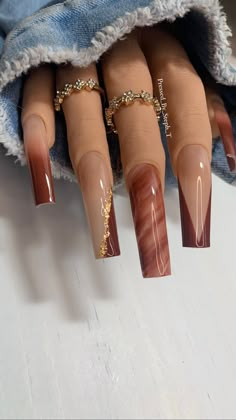 Fall Fudge, Brown Acrylic Nails, Unghie Sfumate, Ombre Acrylic Nails, Fall Acrylic Nails, Long Square Acrylic Nails, Unique Acrylic Nails, Acrylic Nails Coffin Short, Brown Nails