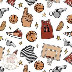 an image of basketball related items on white background with stars and circles in the middle