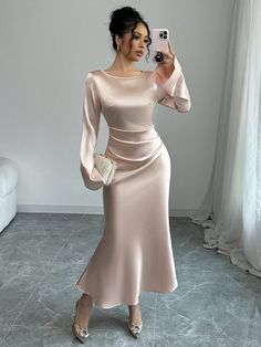 Women's Solid Color Round Neck Long Sleeve Ruched Waist Maxi Elegant Dress Champagne Elegant  Extra-Long Sleeve Woven Fabric Plain Fitted Non-Stretch  Women Clothing, size features are:Bust: ,Length: ,Sleeve Length: Maxi Elegant Dress, Dress Champagne, Fleece Tights, Extra Long Sleeves, Women's Shapewear, Women Maxi, Women Long Dresses, Long Sleeve Maxi Dress, Elegant Dress