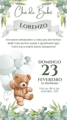 a flyer for a baby shower with a teddy bear and balloons in the air, surrounded by greenery