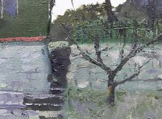 an oil painting of a tree in front of a building