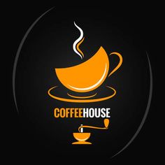 coffee house logo with a cup and saucer on the plate, in black background