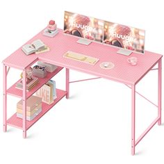 a pink desk with two books on it and a magazine rack in front of it