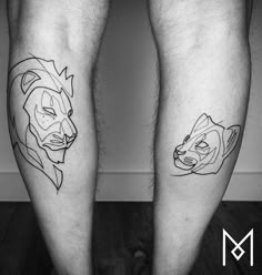 two people with tattoos on their legs, one has a lion and the other has a bear