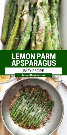 lemon parm asparagus in a pan on a cutting board with the title overlay