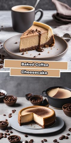 two different views of baked coffee cheesecake