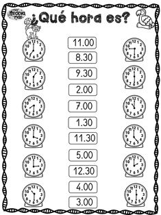 a printable worksheet for telling time to the hour in english and spanish