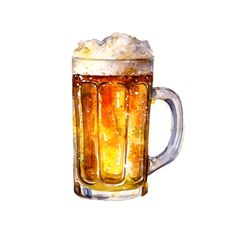 a mug of beer with foamy bubbles on the rim, watercolor drawing or illustration