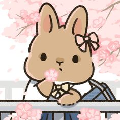 a drawing of a bunny holding a pink flower in its mouth and looking at the camera