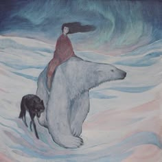 a painting of a woman riding on the back of a polar bear with a dog