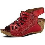 Amazon.com | Alexis Leroy Women's Summer T-Straps Buckle Design Fashion Wedge Heel Sandals Red 9-9.5 M US | Platforms & Wedges Spring Step Shoes, Flip Flop Shoes, Leather Sandals Women, Leather Wedge Sandals, Leather Wedges, Spring Shoes, Casual Sandals