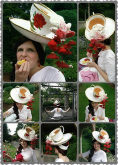 Creative Hat Ideas, Hat Contest Ideas, Crazy Tea Party Hats, Tea Party Hats Diy, Tea Cup Costume, Whimsical Costume Hats And Headpieces For Cosplay, Formal Costume Hat With Handmade Flowers, Teacup Costume