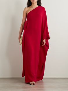 VALENTINO GARAVANI One-shoulder bow-embellished silk-crepe gown | NET-A-PORTER Valentino Pink, Valentino Gowns, Valentino Red, Crepe Gown, Suit Shoes, Red Silk, Red Valentino, Silk Crepe, Long Dresses