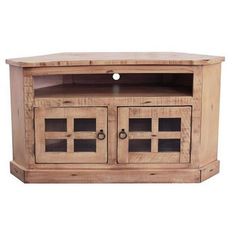 a wooden tv stand with two doors and drawers on one side, the door is open