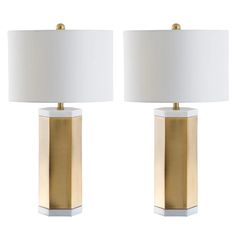 pair of modern brass table lamps with white shades