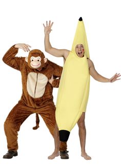 two people dressed in costumes standing next to each other, one holding a banana and the other wearing a monkey costume