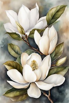 a painting of two white flowers with green leaves