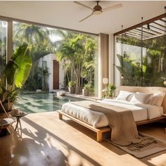 a bedroom with a large bed next to a swimming pool in the middle of it