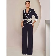 Silhouette:Jumpsuit / Pantsuit,Two Piece; Hemline / Train:Floor Length; Closure:Zipper UP; Fully Lined:No; Built-In Bra:No; Embellishment:Crystals,Color Block; Fabric:Stretch Chiffon; Sleeve Length:3/4 Length Sleeve; Tips:Colors may vary slightly due to different monitor settings,Professional dry cleaner only; Boning:No; Style:Elegant; Occasion:Wedding Party,Formal; Waistline:Natural; Neckline:Shirt Collar; Brand:LAN TING Express; Listing Date:08/11/2023; Bust:; Hips:; Hollow to Floor:; Waist:; Cocktail Wedding Guest Dress, Dress Formal Elegant, Bride Pantsuit, Gala Fundraiser, Mom Of Bride, Dresses Mother Of The Groom, Mother Of The Bride Outfits, Brides Mom, Mother Wedding