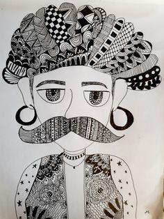 a black and white drawing of a man with a moustache on his face