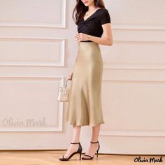 Olivia Mark - Satin Midi Skirt with Shiny Silk Finish, High-waisted, Smooth and Elegant with a Flattering Mermaid Hem Sheer Long Sleeve Dress, Floral Print Midi Skirt, High Waist Long Skirt, Long Sleeve Evening Gowns, Skirts Midi High Waisted, Fish Tail, Satin Midi Skirt, Round Neck Dresses, Elegant Dresses Long